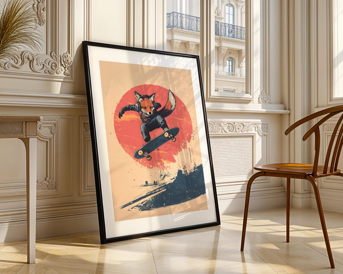 Skateboarding Fox Red Sun Circle Vintage Inspired Retro Skater Poster - Image 3