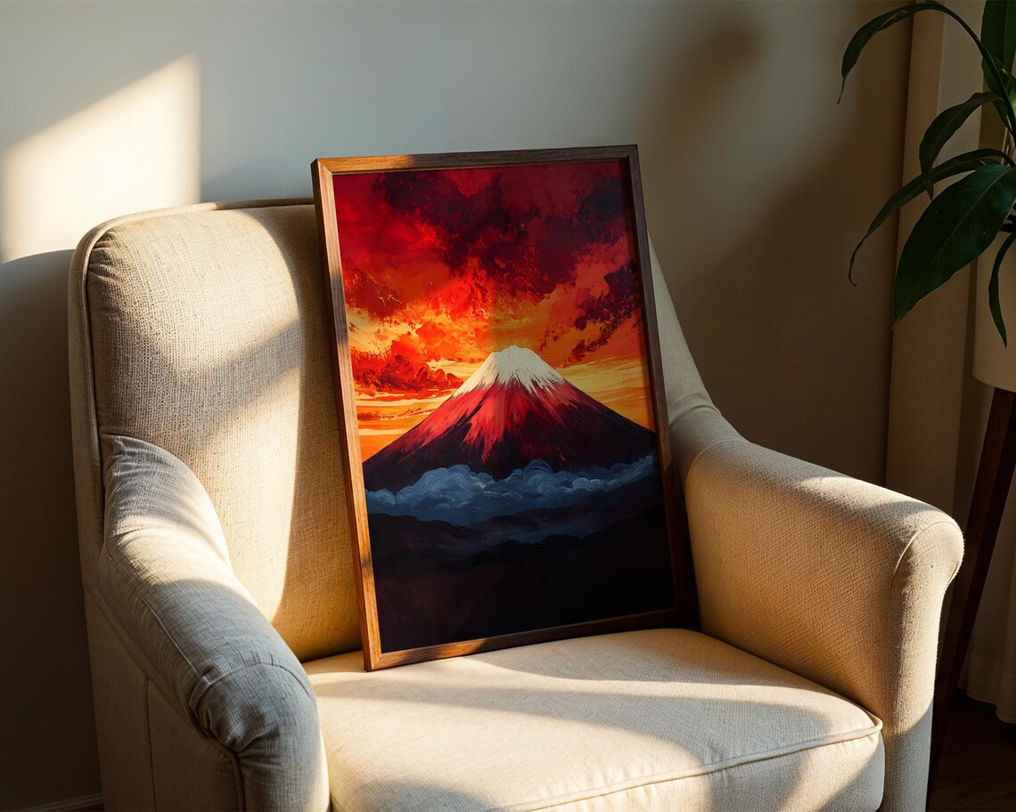 Fiery Mount Fuji Sunset Red Sky Japanese Mountain Painting Poster - Image 2