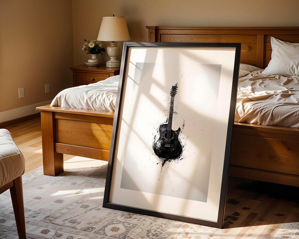 Black Acoustic Guitar Ink Splatter Abstract Rock Music Art Poster - Image 5