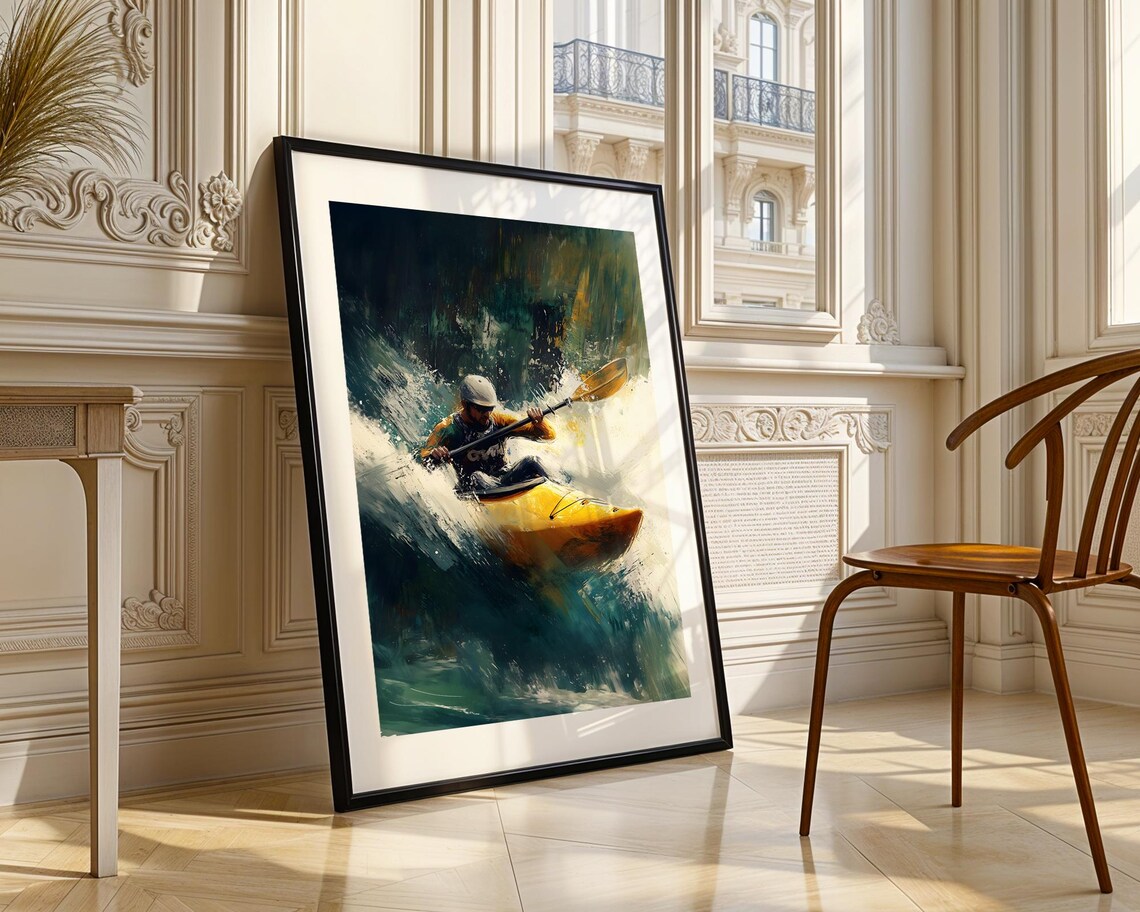 Colorful Whitewater Kayaker Yellow Kayak Rapids Sports Print - Image 4