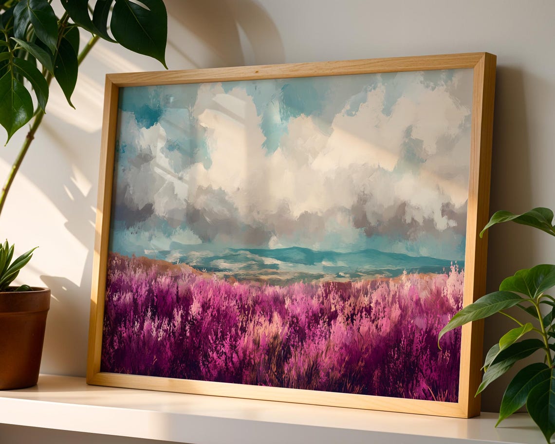 Purple Heather Field Cloudy Sky Landscape Oil Painting Poster - Image 4