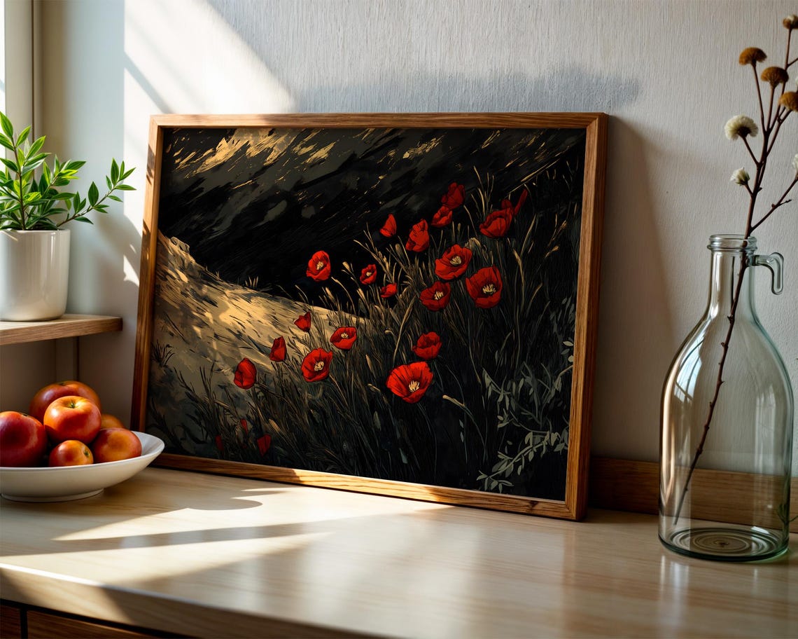 Moody Red Poppies On Dark Background Dramatic Floral Painting Poster - Image 2