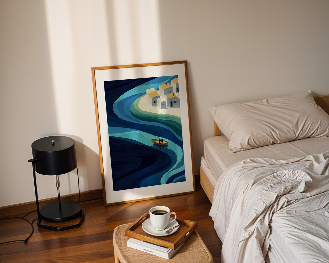 Blue River Boat Coastal Village Houses Minimalist Style Poster - Image 2