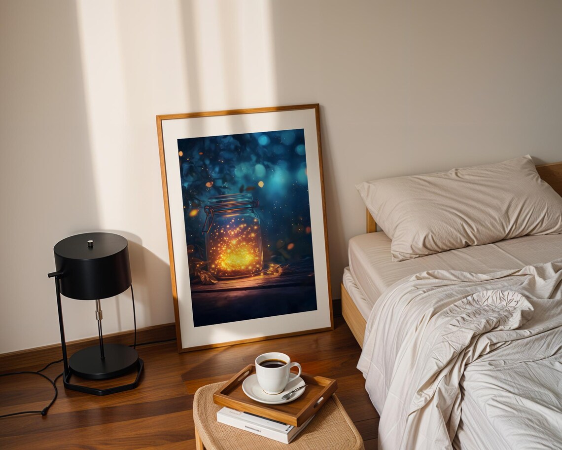 Fireflies Glowing In A Glass Jar Deep Blue Forest Night Poster - Image 2