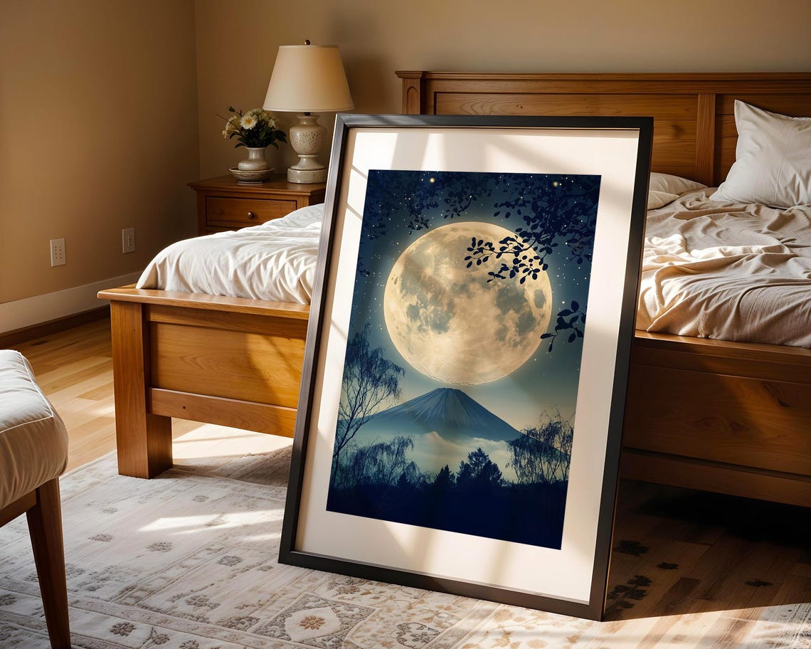Japan Full Moon Rising Over Mount Fuji Night Sky Scene Poster - Image 4