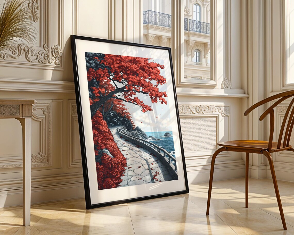 Red Maple Trees Along Coastal Road Art Poster in Japanese Style - Image 3