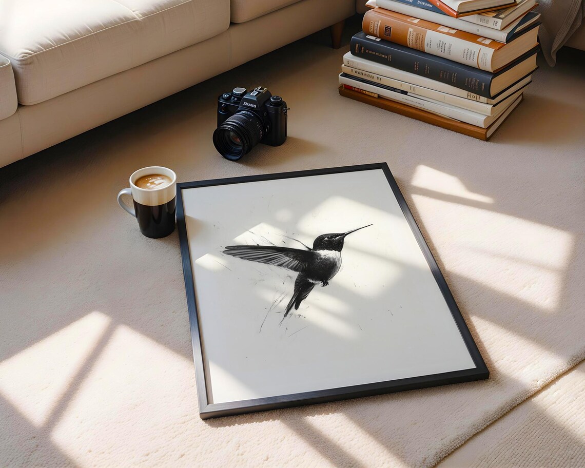 Hummingbird in Flight Black and White Charcoal Sketch Art Poster - Image 5