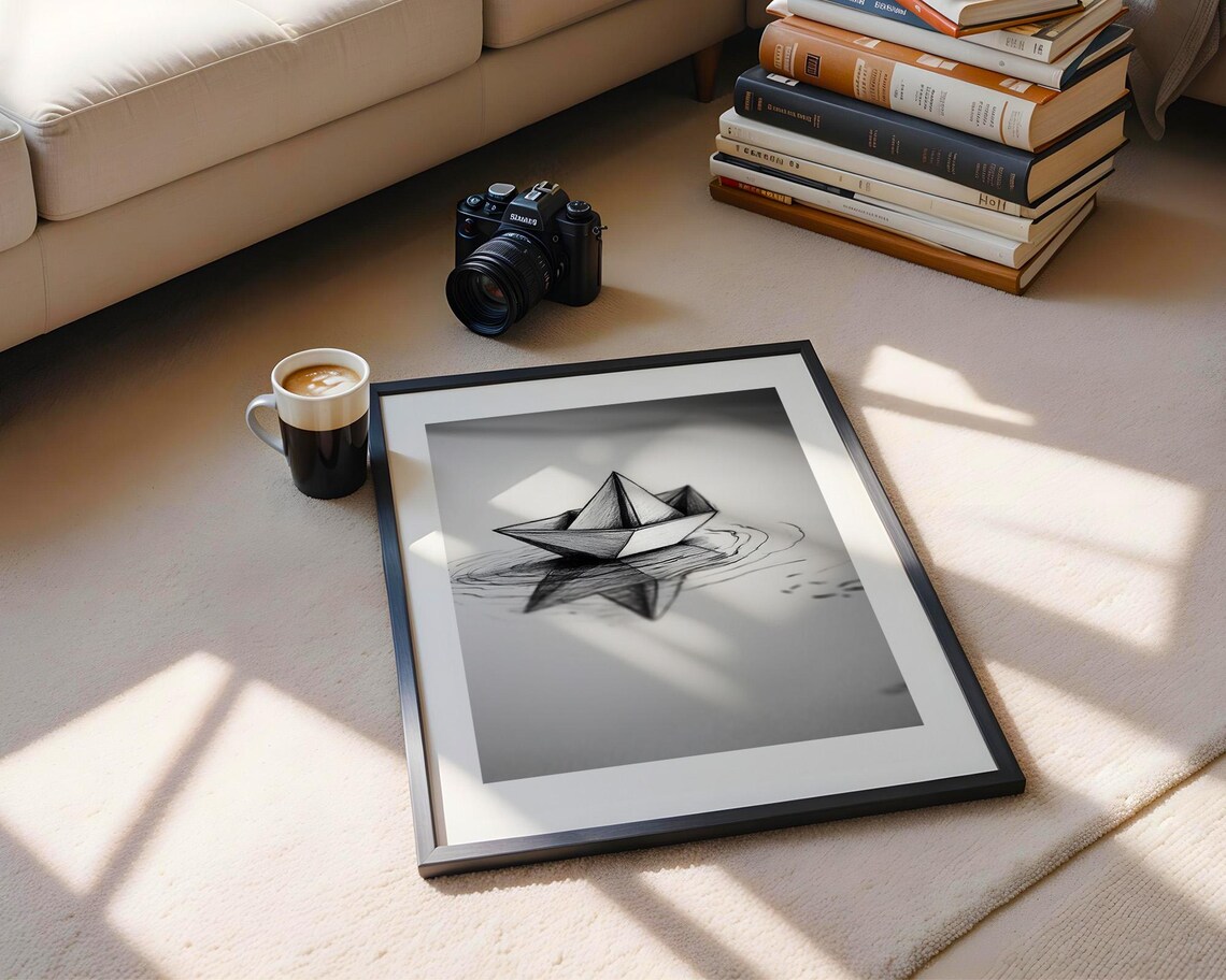 Origami Paper Boat Sketch Calm Water Reflection Drawing Poster - Image 5