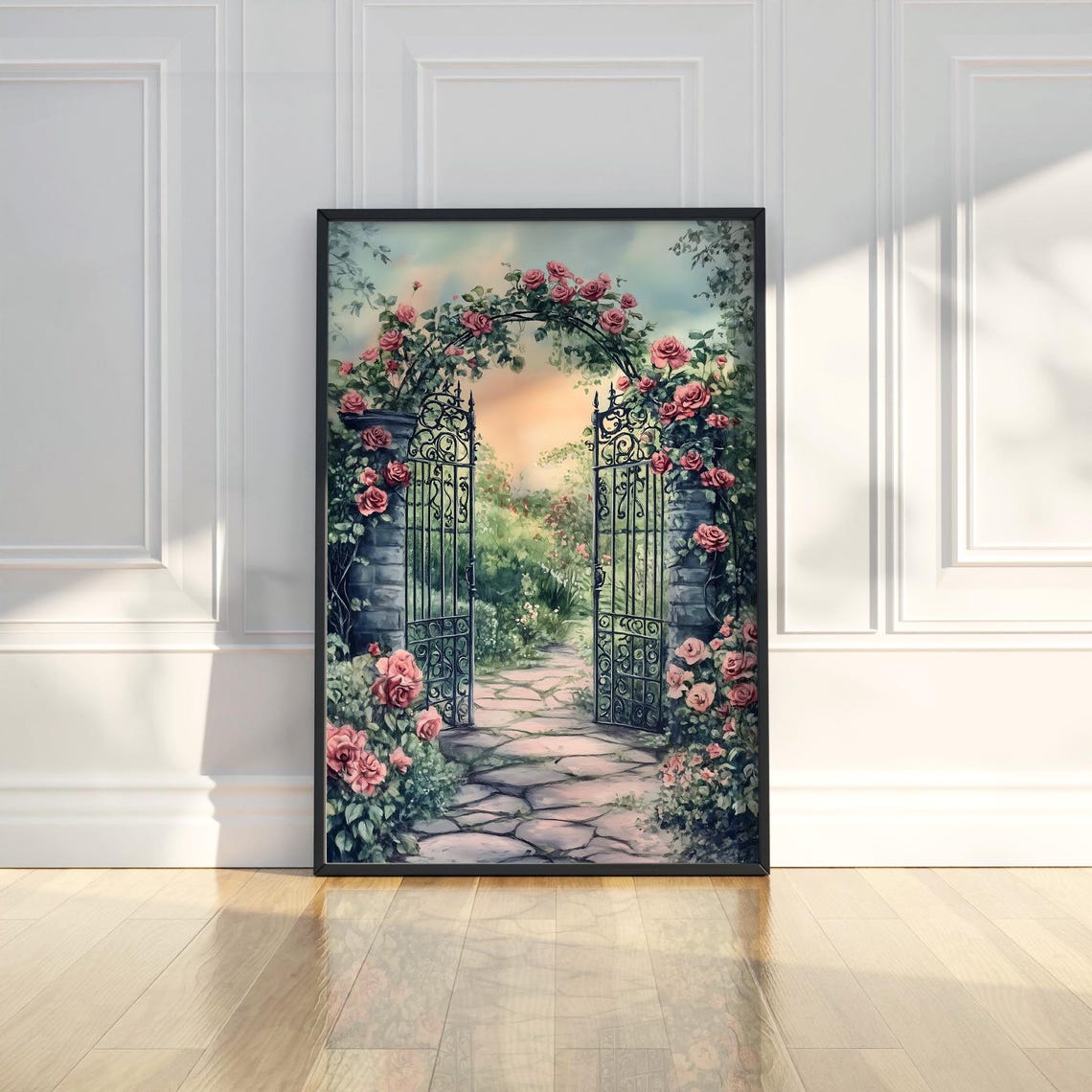 Rose Garden Arch Watercolor Pink Flower Gate Blooming Trellis Poster