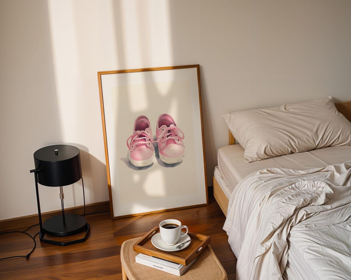 Pink Baby Sneakers On Cream Background Soft Nursery Style Poster - Image 2