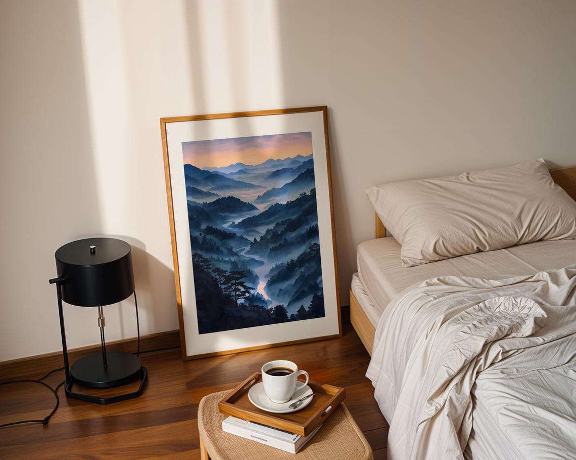 Misty Blue Mountain Valley Sunset River Landscape Nature Poster - Image 3