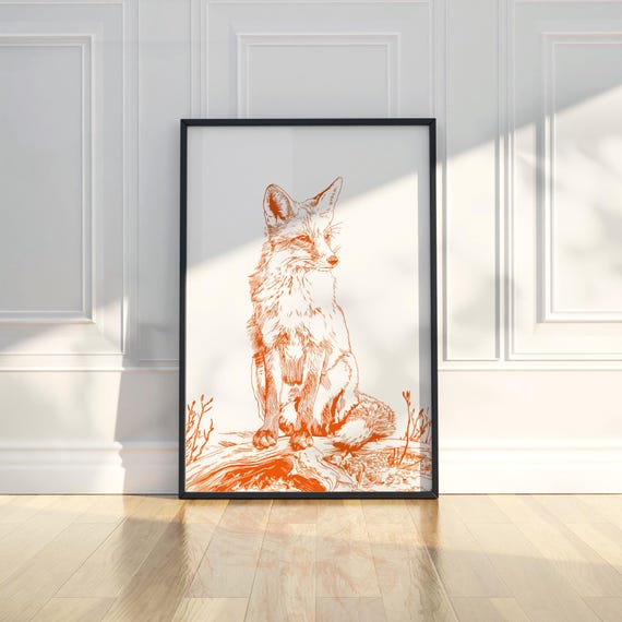 Wild Fox Ink Sketch Line Art Animal Illustration Drawing Trendy Poster Wall Print Modern Home Decor