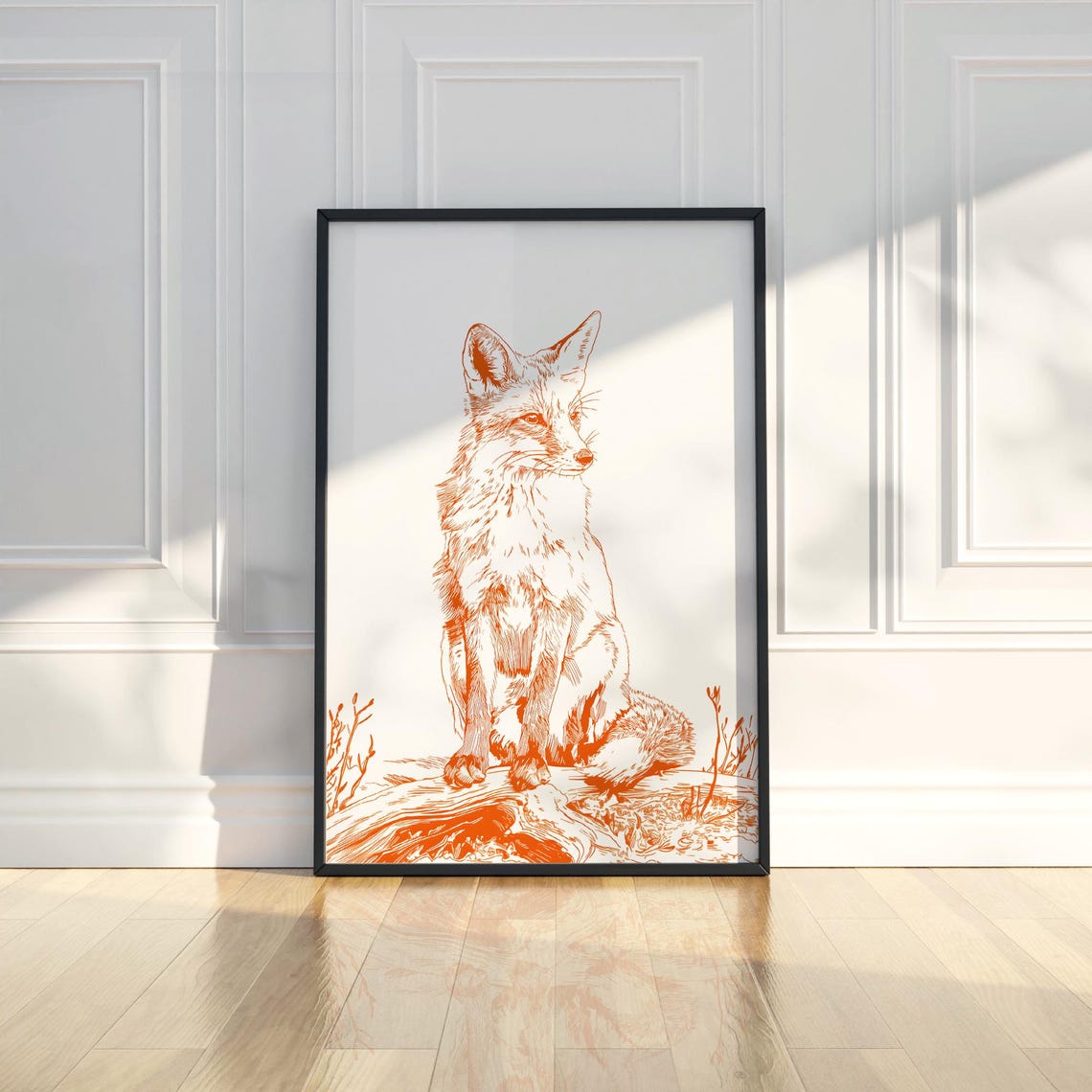 Alert Red Fox Sitting Orange Line Drawing Wildlife Sketch Poster
