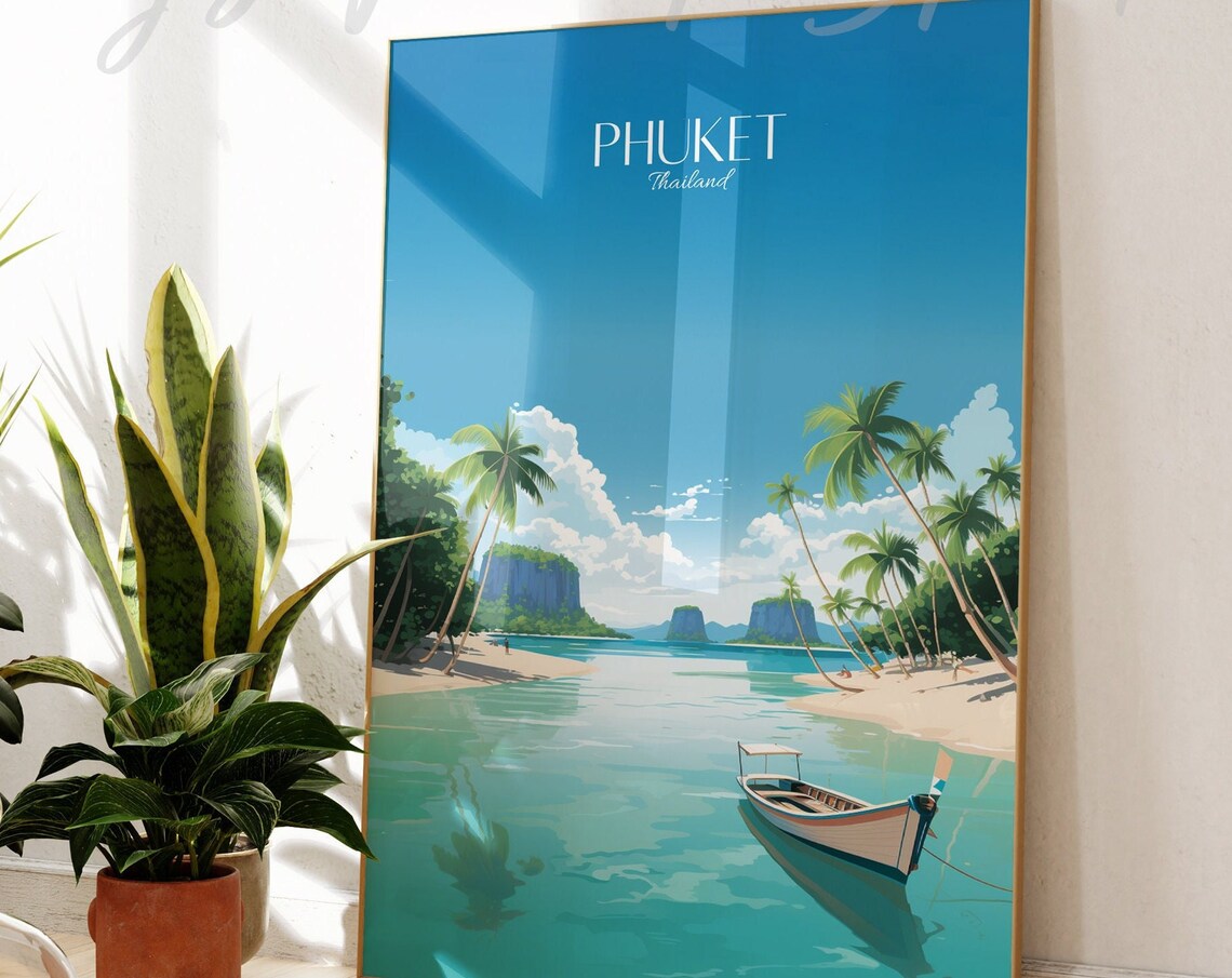 Phuket Thailand Tropical Beach Vintage Travel Poster Longtail Boats