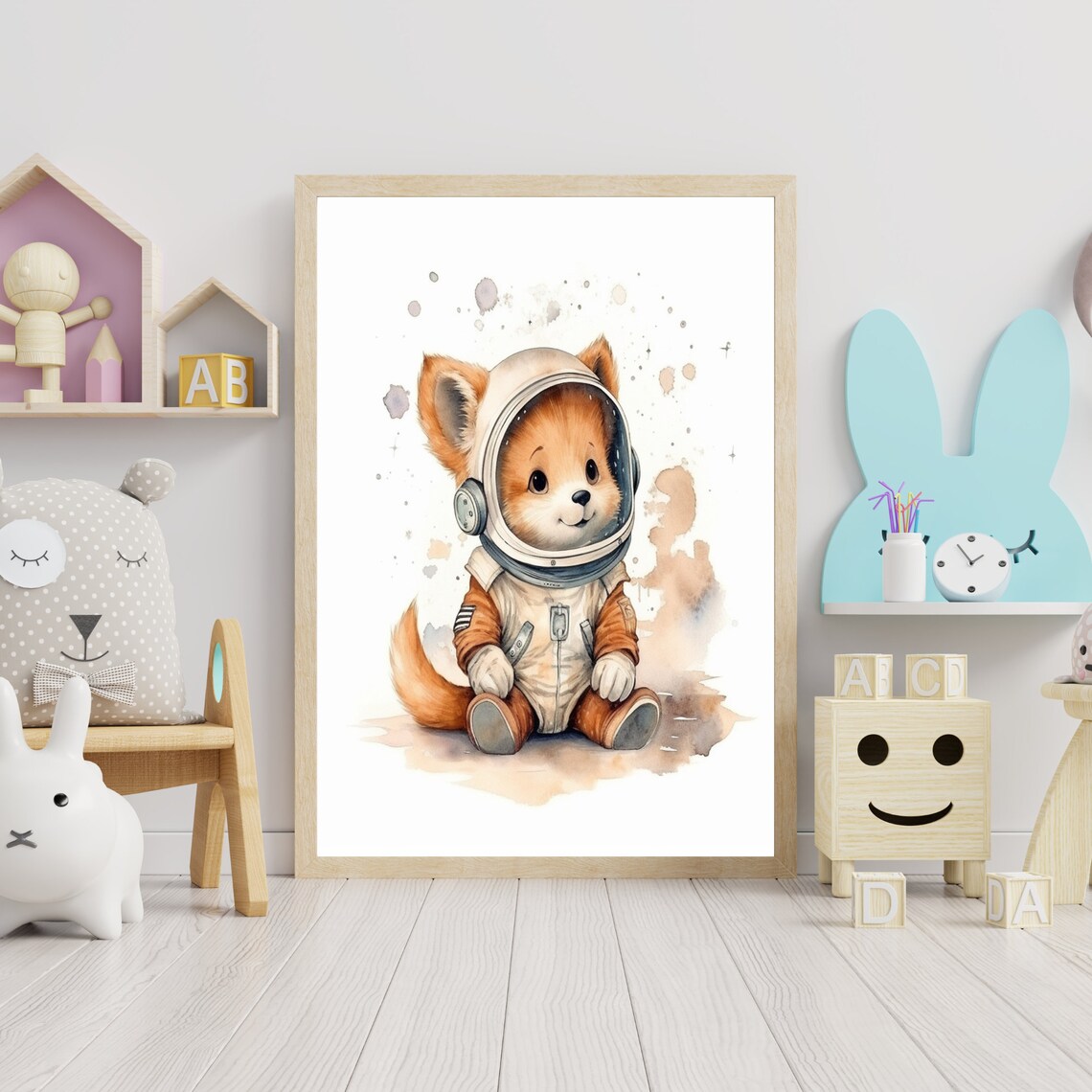 Cute Fox Astronaut Suit Watercolor Baby Nursery Animal Poster - Image 3