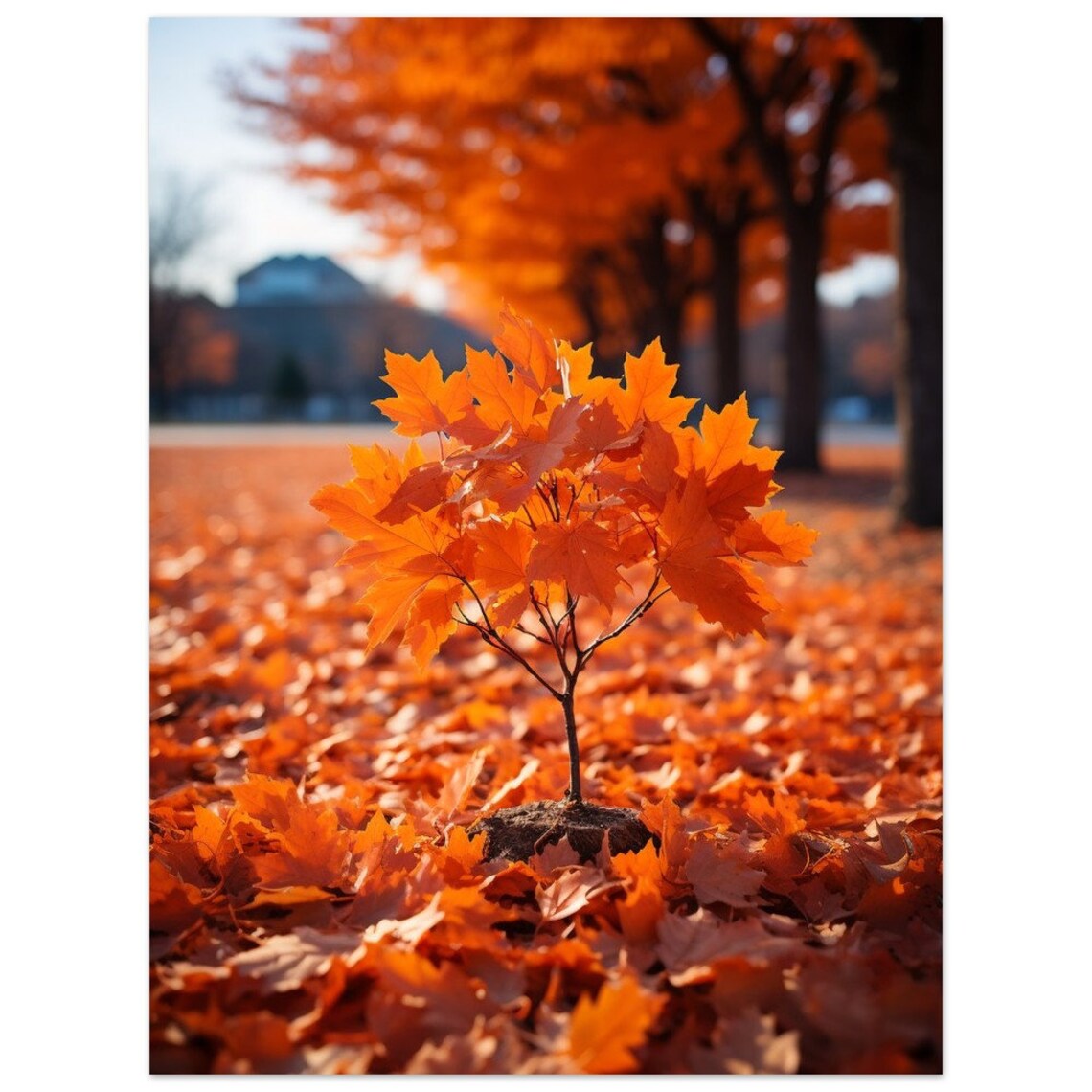 Small Orange Maple Sapling Among Fallen Autumn Leaves Poster - Image 3