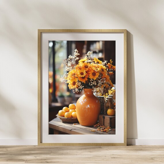 Cozy Autumn Flower Arrangement Orange Vase Still Life Fall Decor Poster