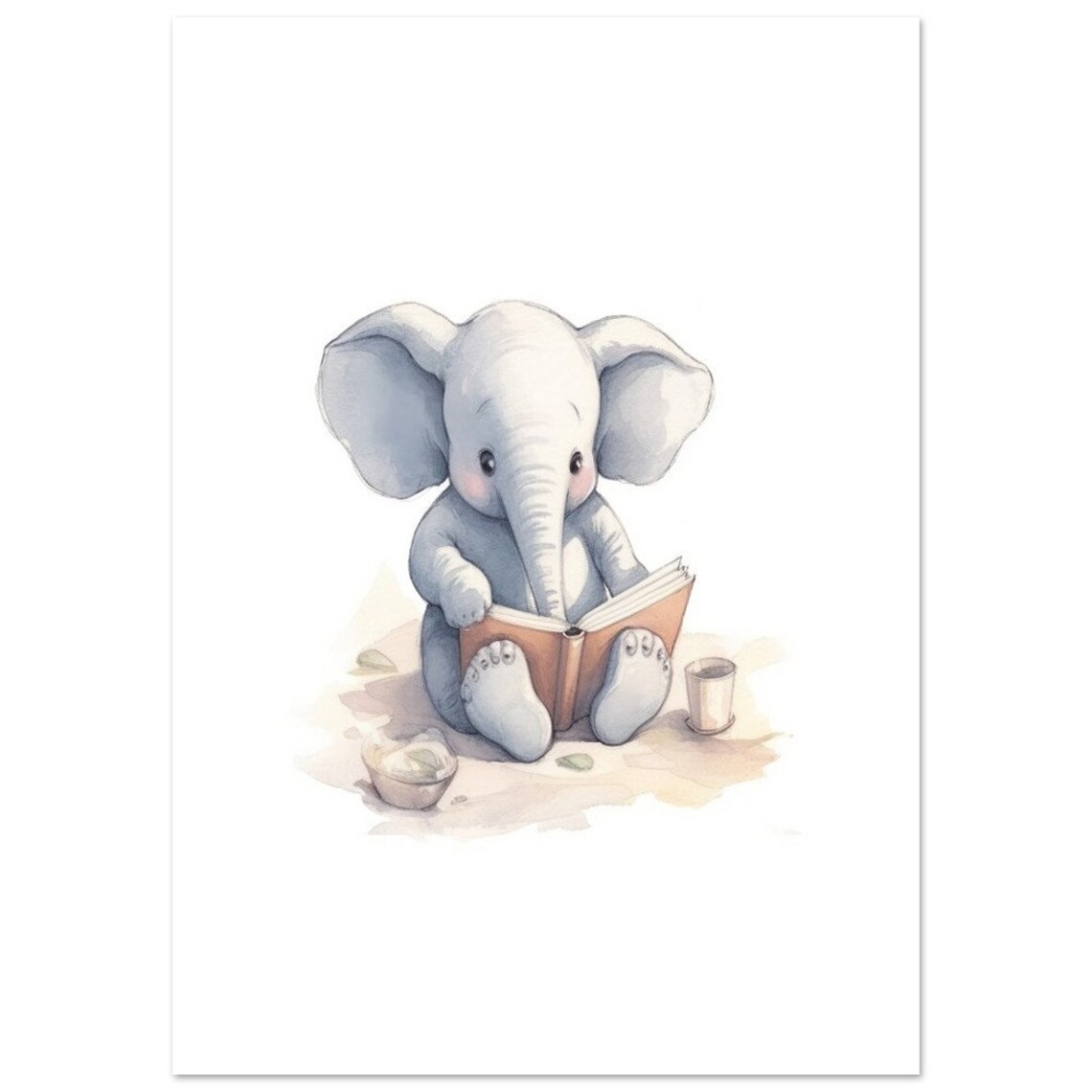 Baby Elephant Reading Book Cute Watercolor Nursery Animal Poster - Image 2