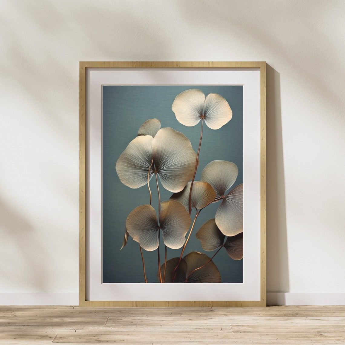 Fan Shaped Botanical Leaves Teal Background Minimal Modern Wall Art