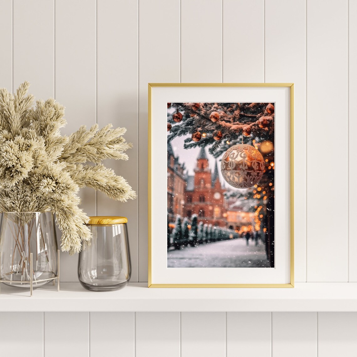 Snowy Christmas Town Street Clock Tower Gold Ornament Winter Poster - Image 3