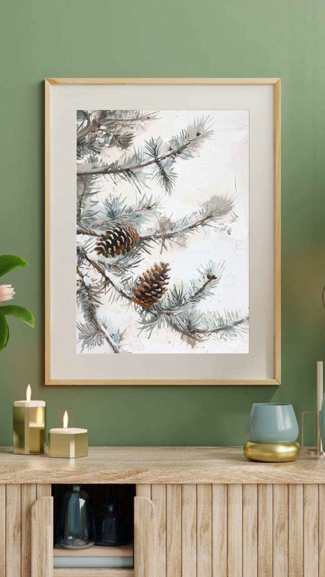 Snowy Pine Branches Pine Cones Soft Winter Watercolor Poster - Image 4