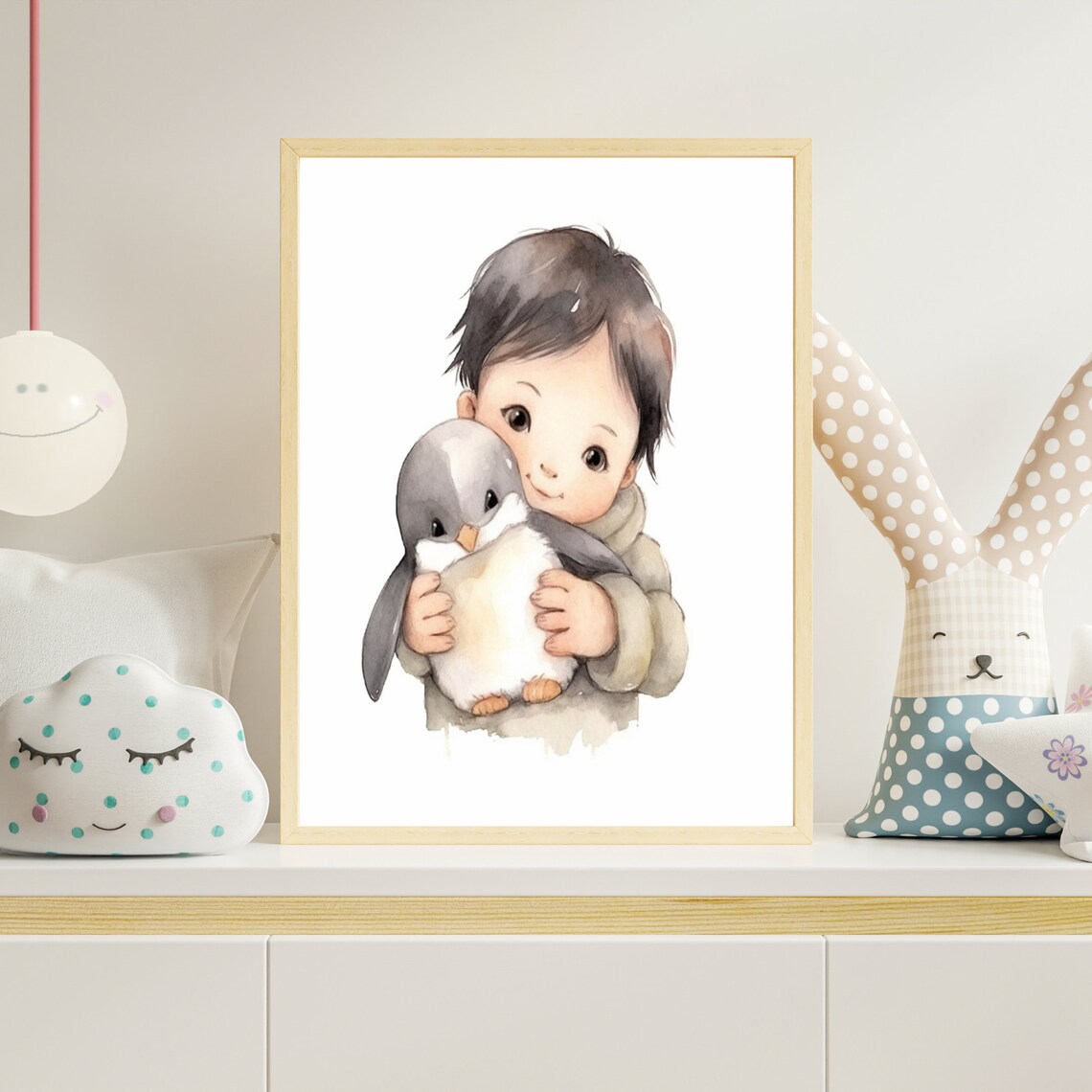 Sweet Child Hugging Baby Penguin Watercolor Nursery Art Poster - Image 4