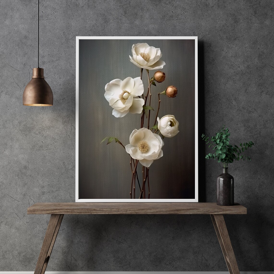 Elegant White Flowers on Dark Background Moody Floral Art Poster - Image 3
