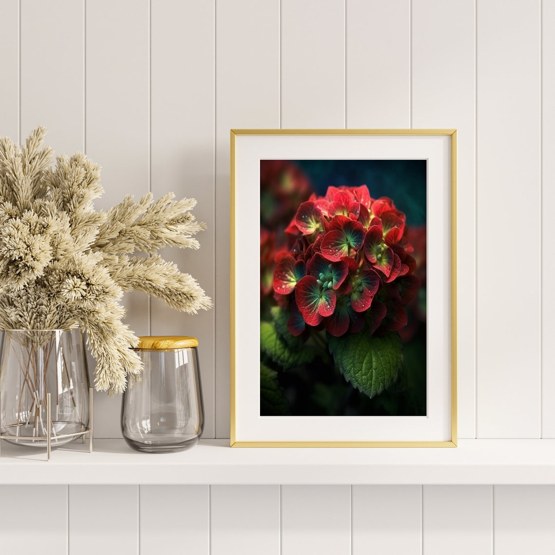 Red Hydrangea Macro Dew Drops Dramatic Botanical Photography Poster - Image 4
