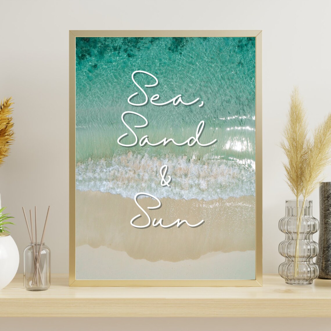 Sea Sand And Sun Script Lettering Aerial Coastal Beach Quote Poster