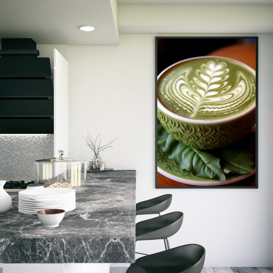 Matcha Latte Leaf Art Embossed Green Cup Cozy Tea Drink Poster - Image 3