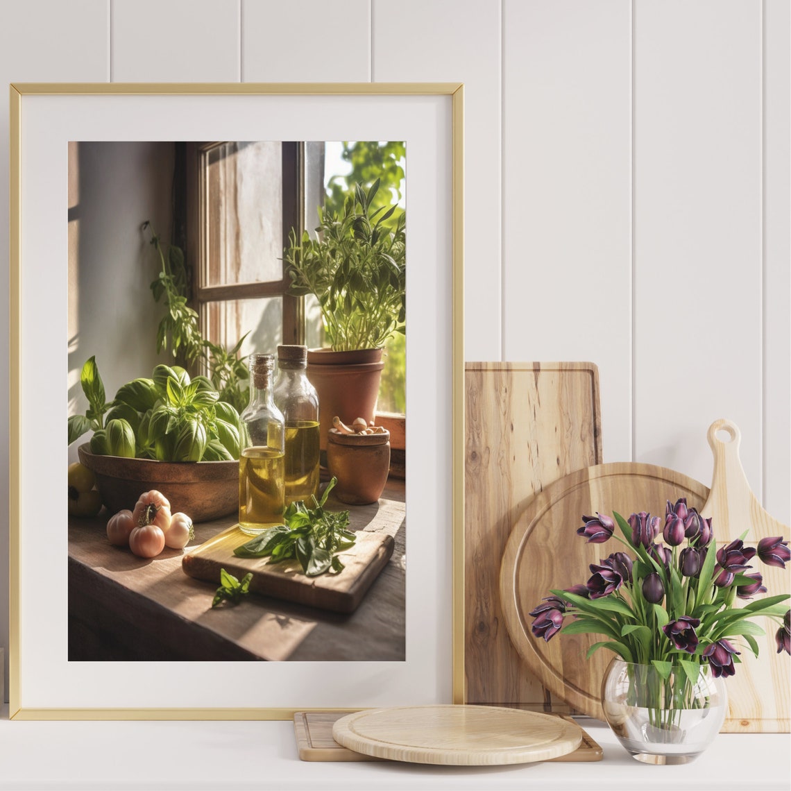 Sunlit Windowsill Olive Oil Basil Garlic Kitchen Still Life Poster - Image 4