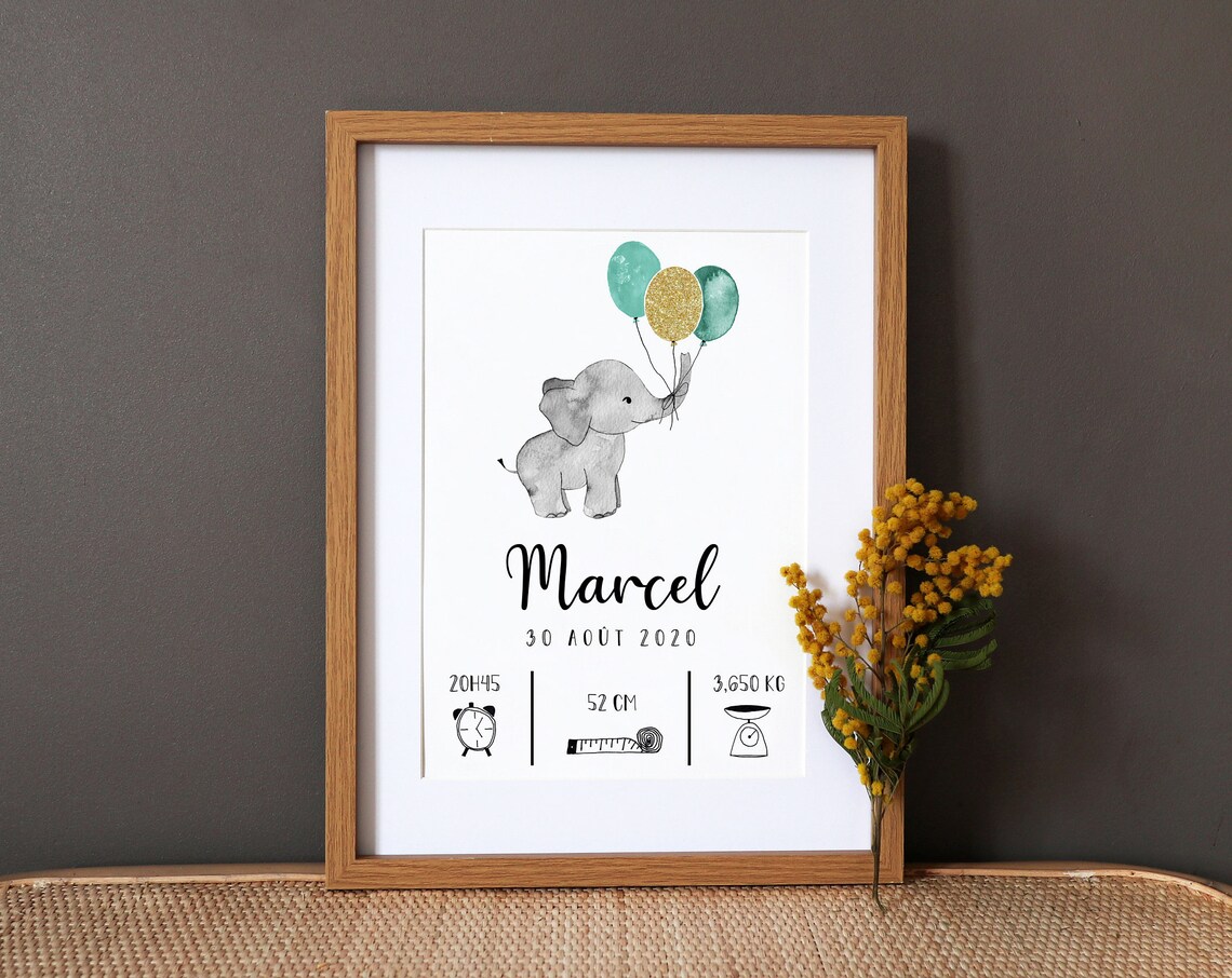 Personalized Elephant Birth Poster, Watercolor Art Print - Image 2