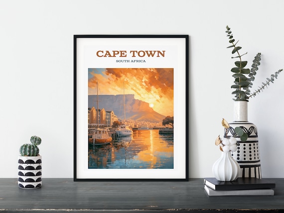Cape Town South Africa Table Mountain Sunset Harbor Retro Travel Poster