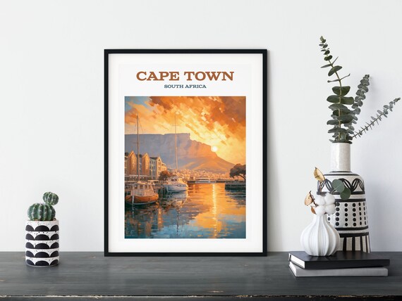 Cape Town South Africa Table Mountain Sunset Retro Travel Poster Wall Art Various Sizes Instant Ai Gen