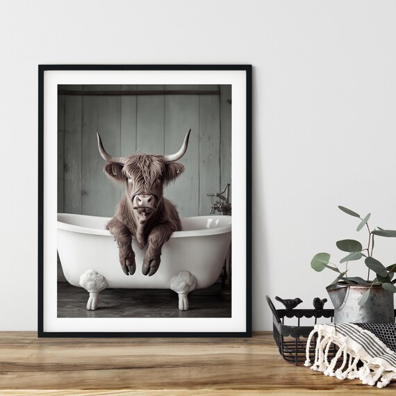 Highland Cow Sitting In The Bathtub Funny Animal Photograph Bathroom Wall Art Poster Instant Ai