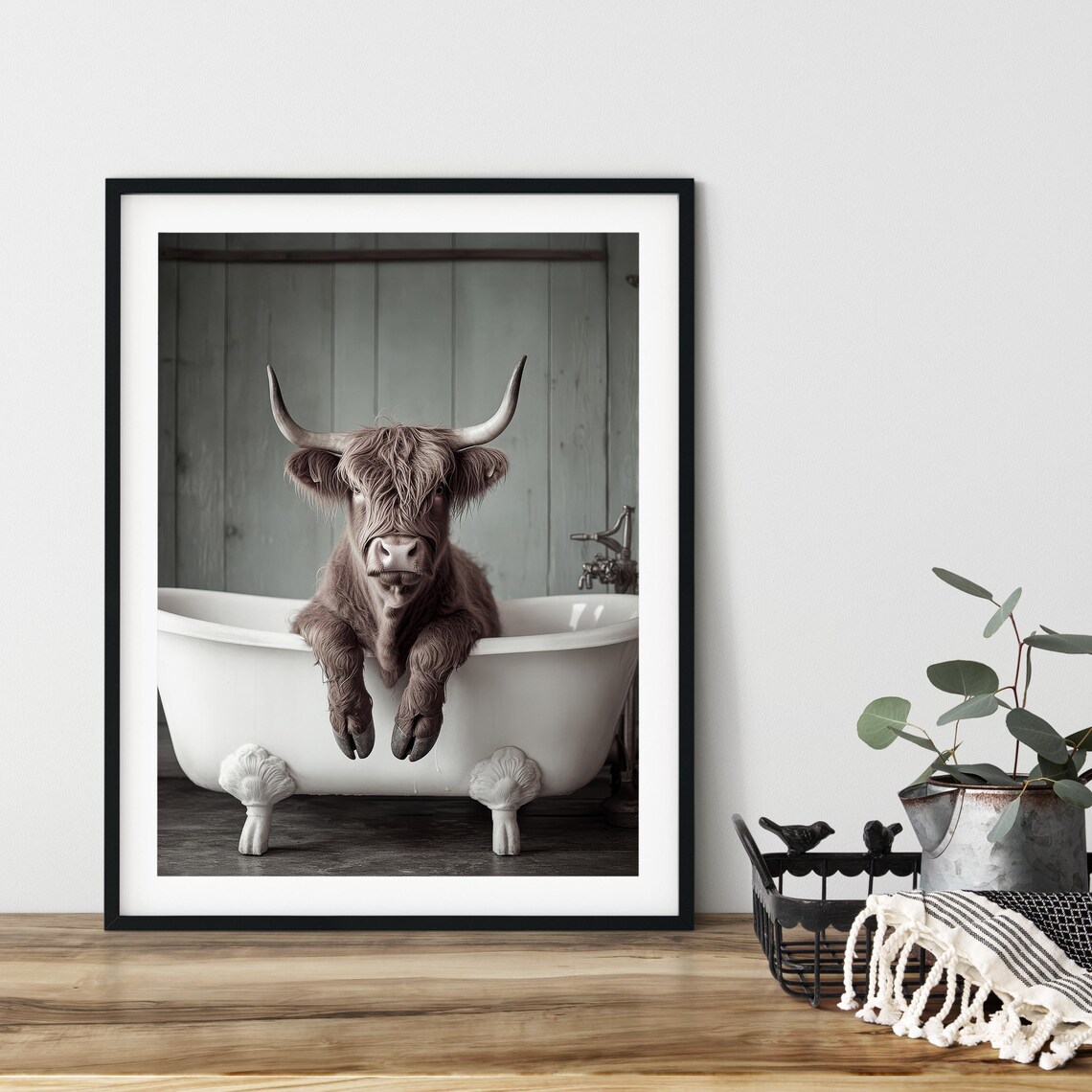 Cute Highland Cow Relaxing In A Clawfoot Bathtub Funny Bathroom Poster