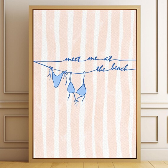 Meet Me At The Beach Pink Striped Bikini Line Art Wall Print
