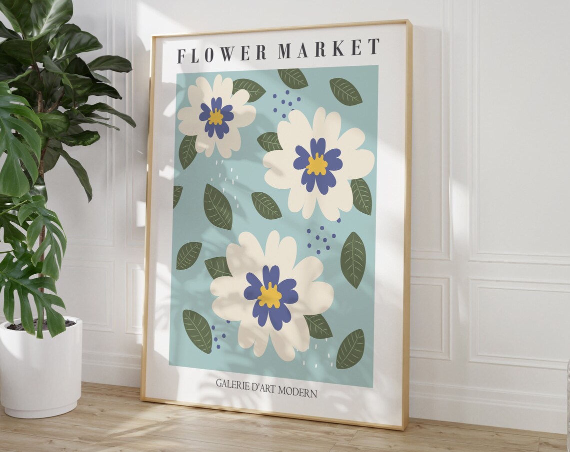 Flower Market Mint Daisy Blue Yellow Bloom Botanical Art Poster