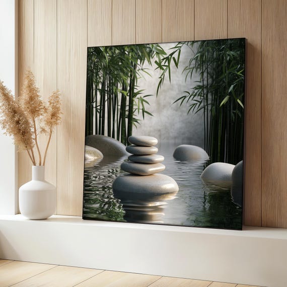 Zen Stones and Bamboo Painting, Tranquil Nature Art