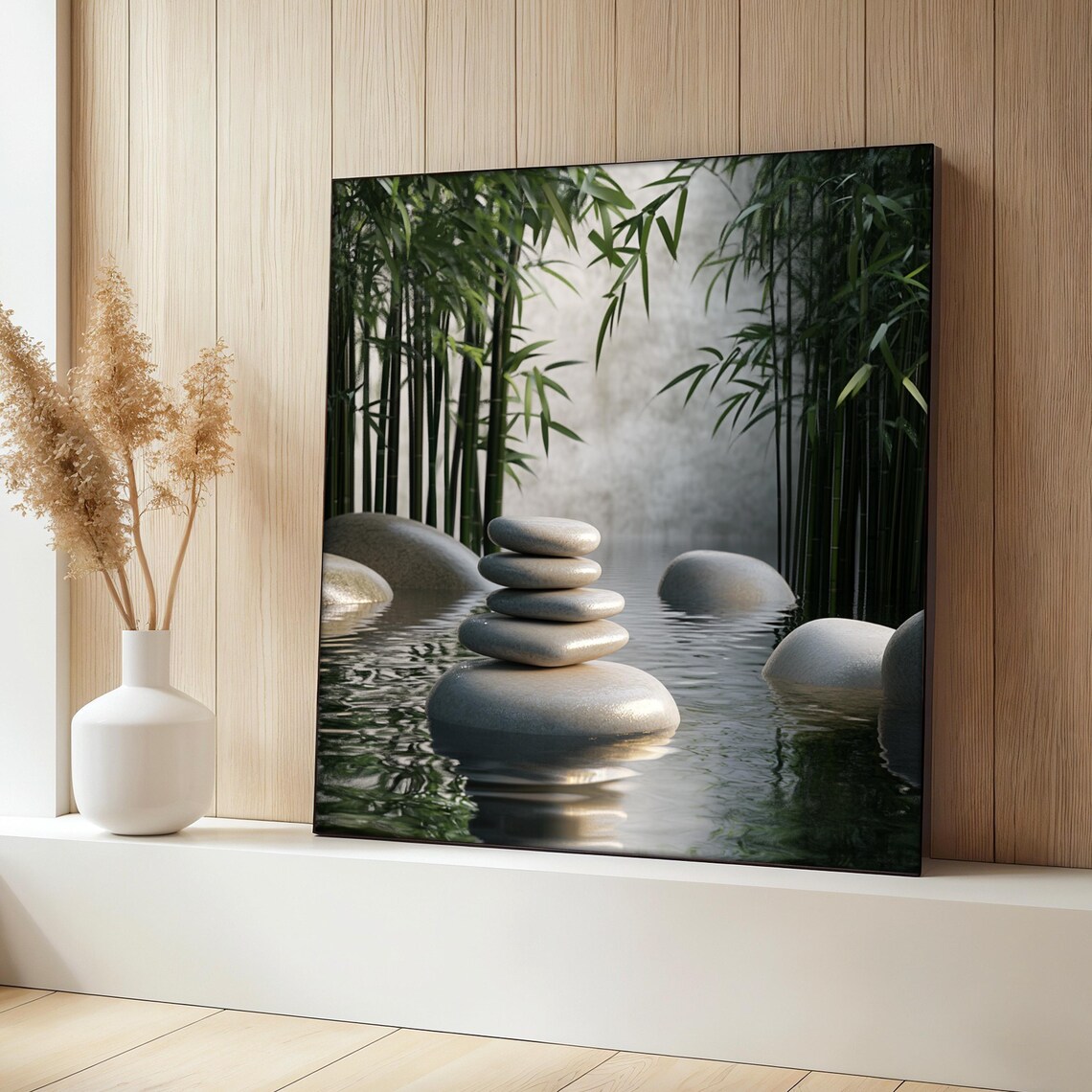 Zen Stones and Bamboo Painting, Tranquil Nature Art