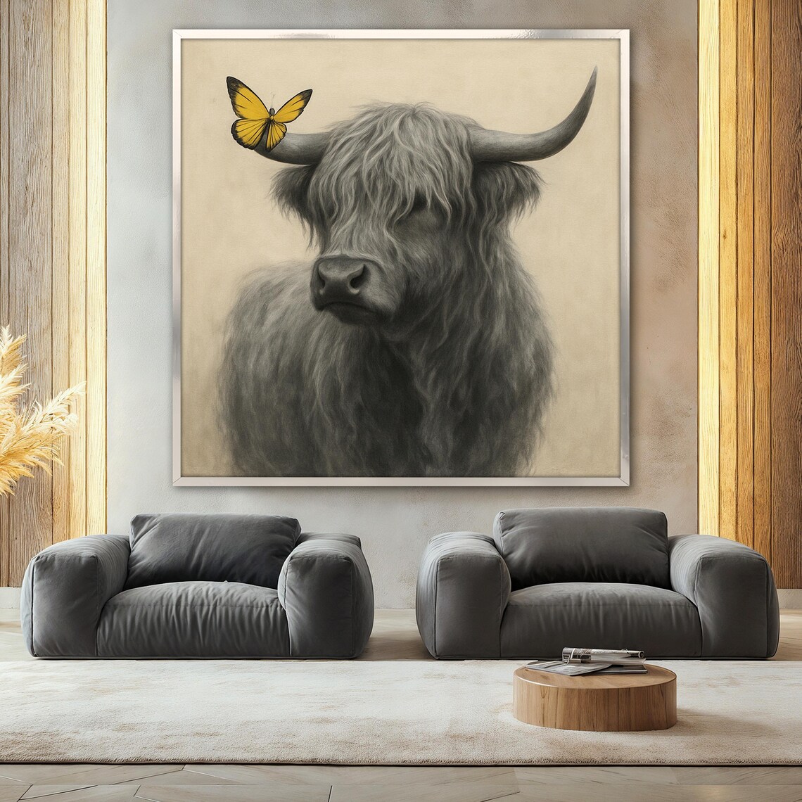 Highland Cow Painting With Yellow Butterfly, Rustic - Image 2
