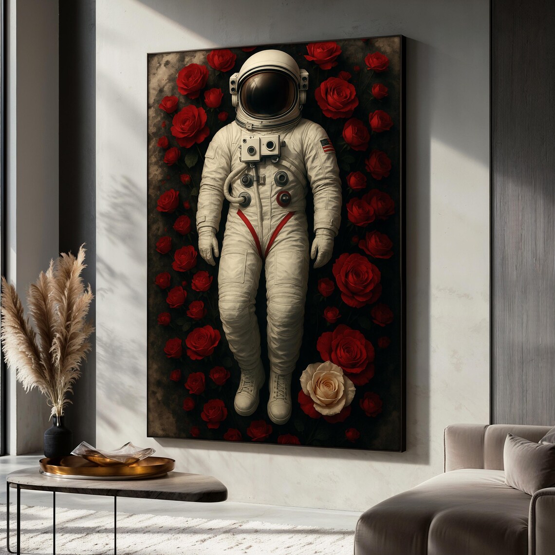 Astronaut With Roses, Surreal Floral Cosmos Art Print