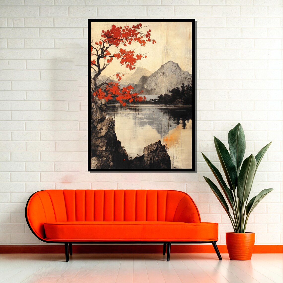 Japanese Landscape, Red Maple & Mountains Ink Style Art Print - Image 2