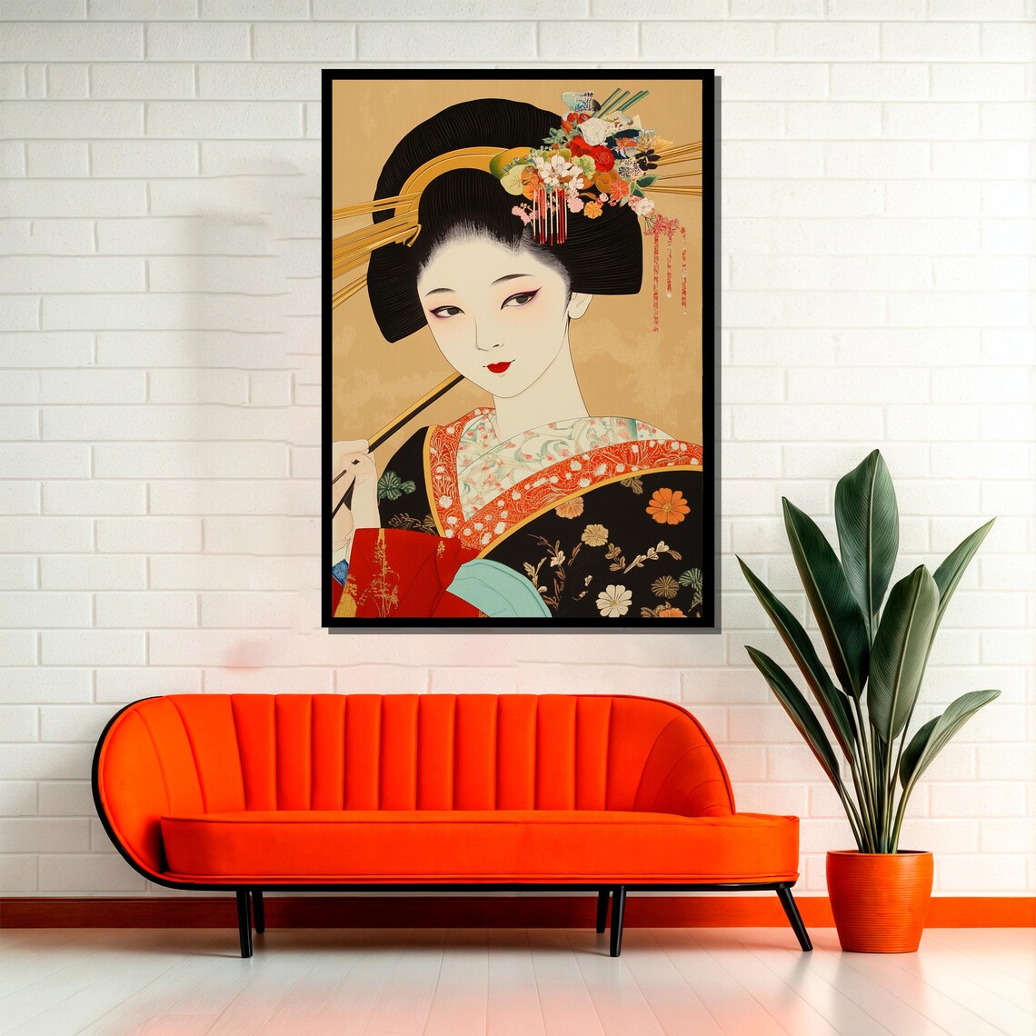 Traditional Japanese Geisha Painting, Elegant Kimono - Image 2