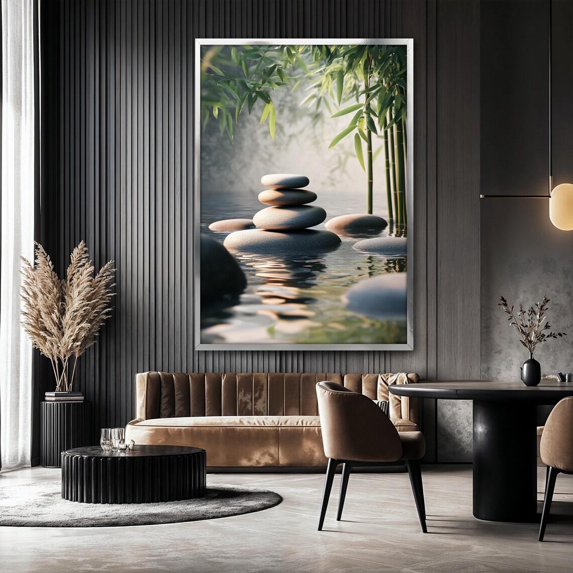 Zen Stone with Bamboo and Water Reflection - Image 2