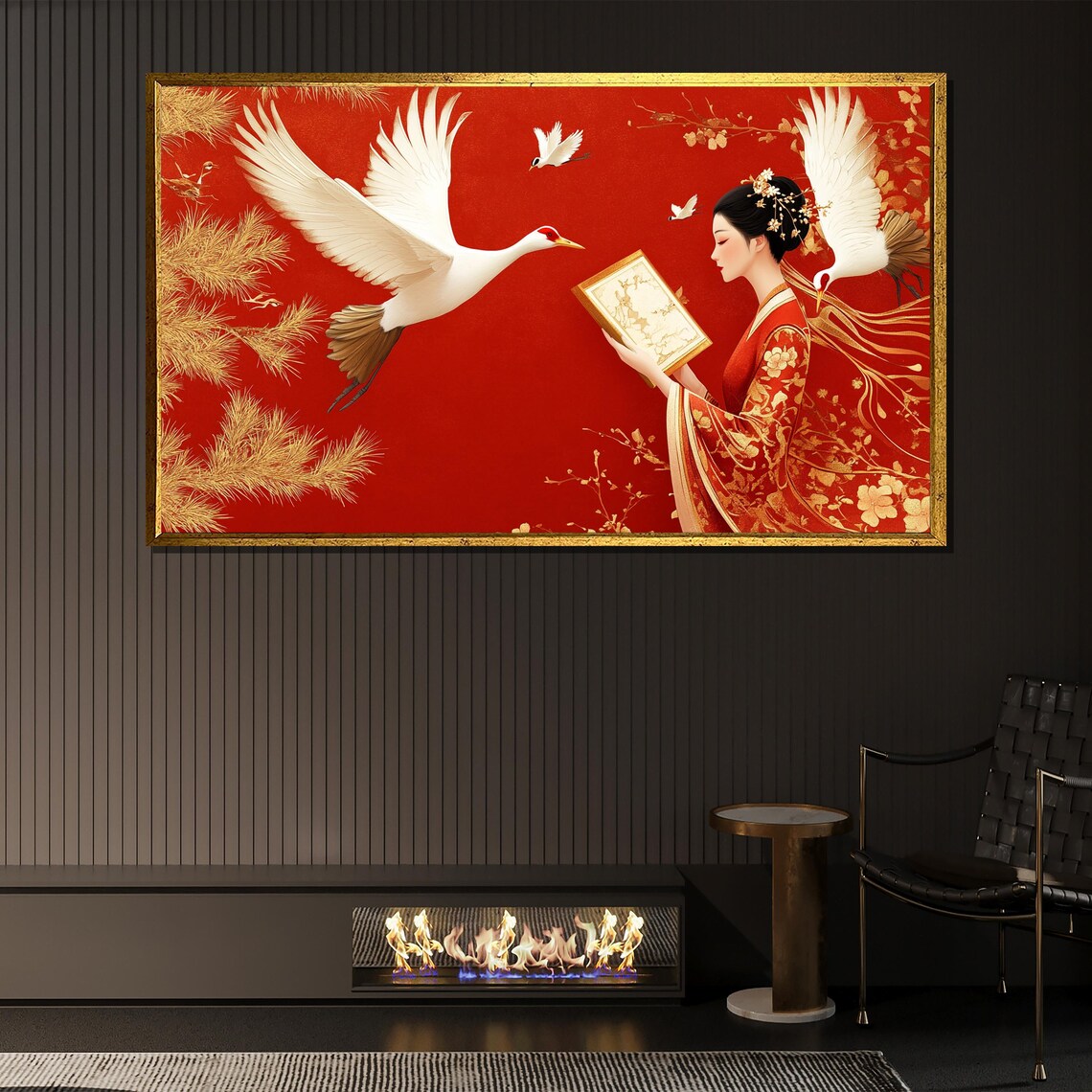 Japanese Woman Painting With Cranes, Traditional Style
