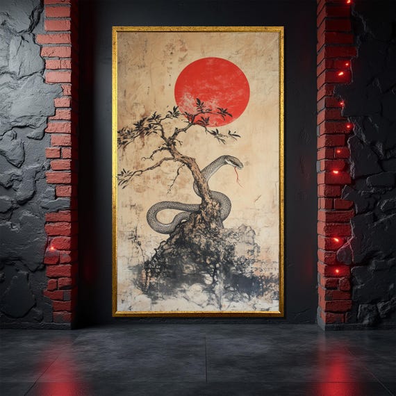 Japanese Snake And Red Sun Painting Zen Wall Art With Bonsai Tree Asian Style Home Decor Unique Gift For Him Or Her