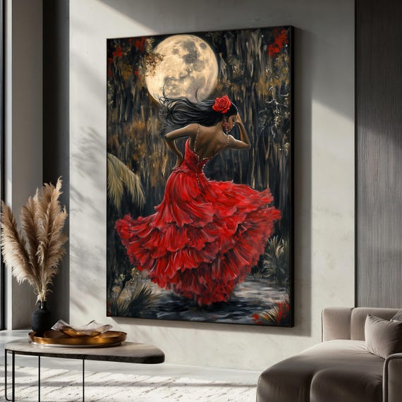 Mystical Woman in Red Dress, Moonlight Dance Art Print