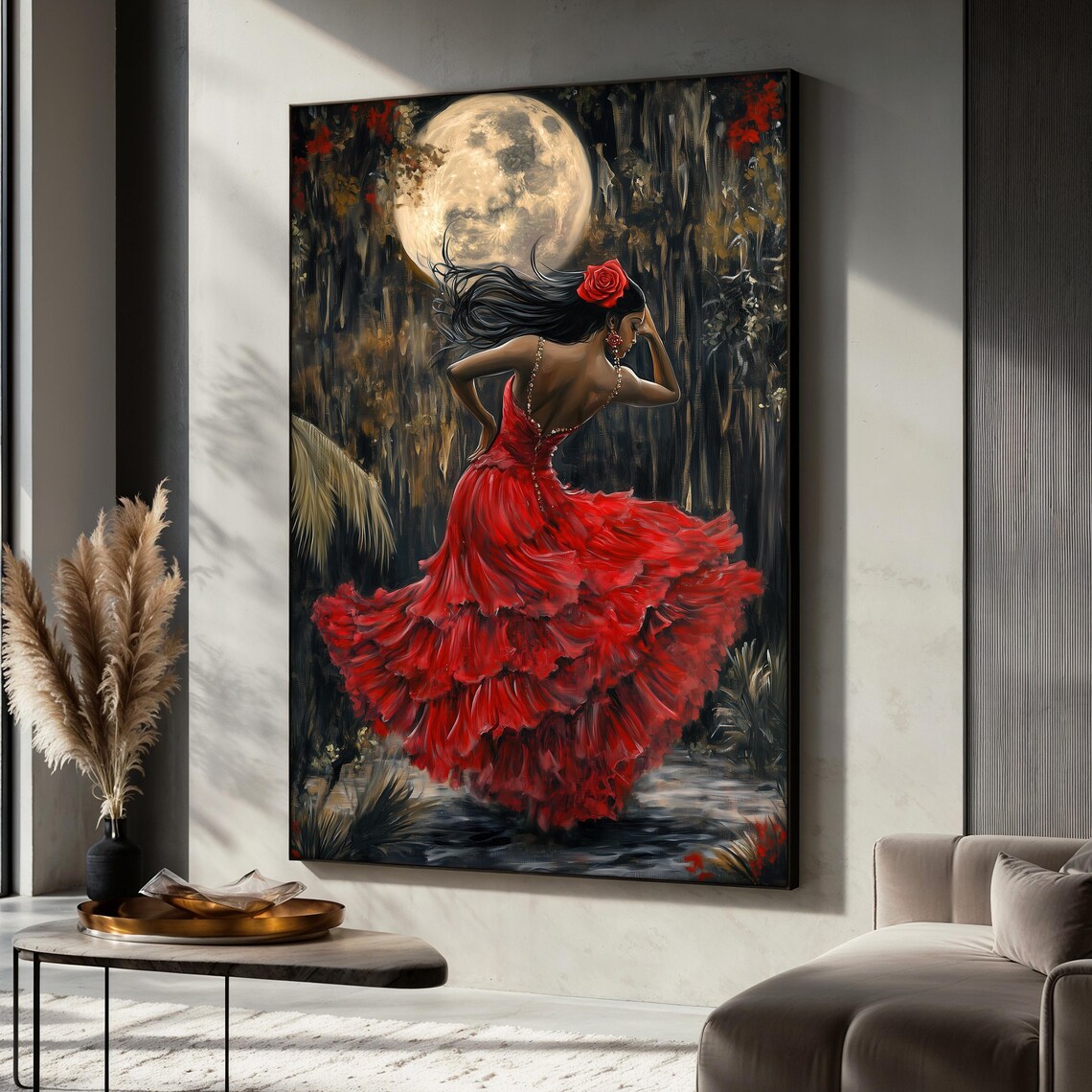 Mystical Woman in Red Dress, Moonlight Dance Art Print