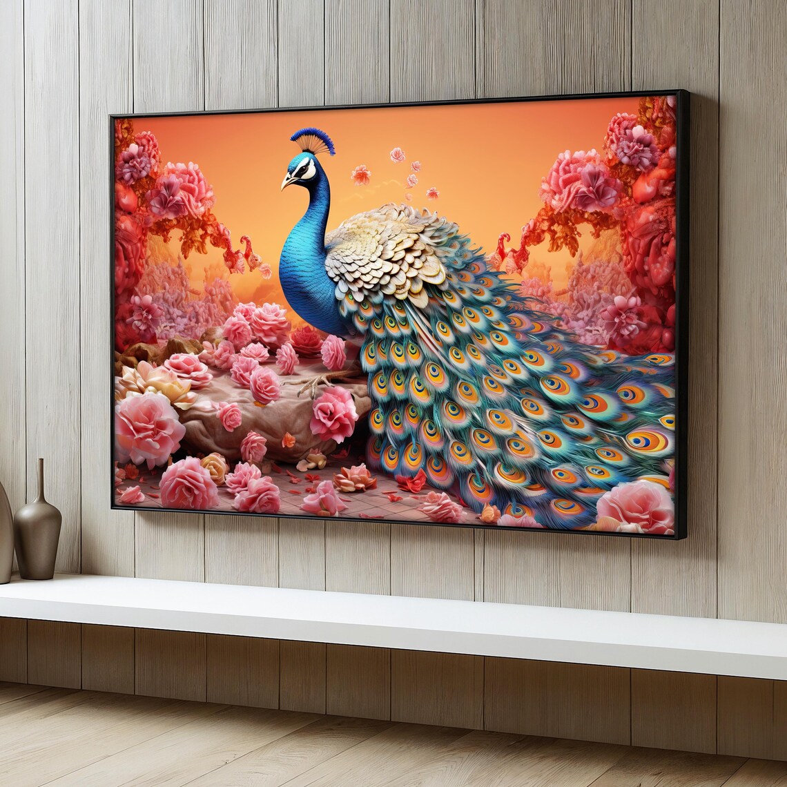 Peacock Painting, Elegant Bird With Roses
